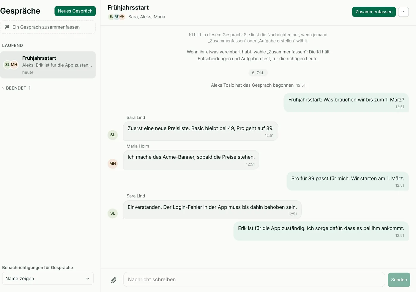 Ein Gespräch namens Frühjahrsstart. Sara, Aleks und Maria einigen sich auf neue Preise und einen Starttermin.