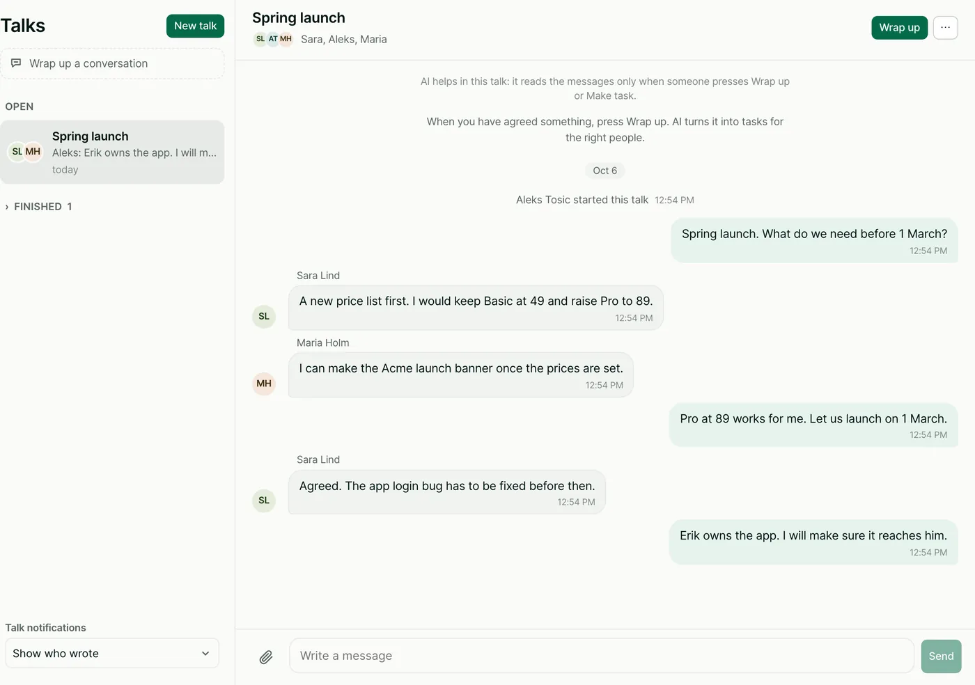 A talk called Spring launch. Sara, Aleks and Maria agree on new prices and a launch date.