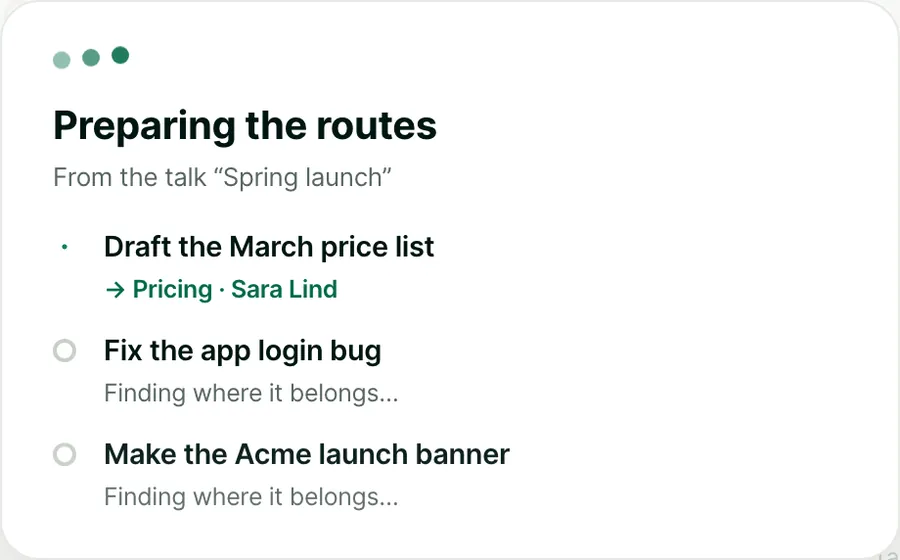Preparing the routes. Draft the March price list goes to Pricing, Sara Lind. Two more tasks are finding where they belong.