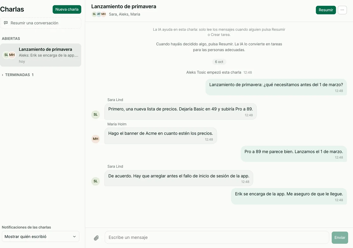Una charla llamada Lanzamiento de primavera. Sara, Aleks y Maria acuerdan los precios nuevos y una fecha de lanzamiento.