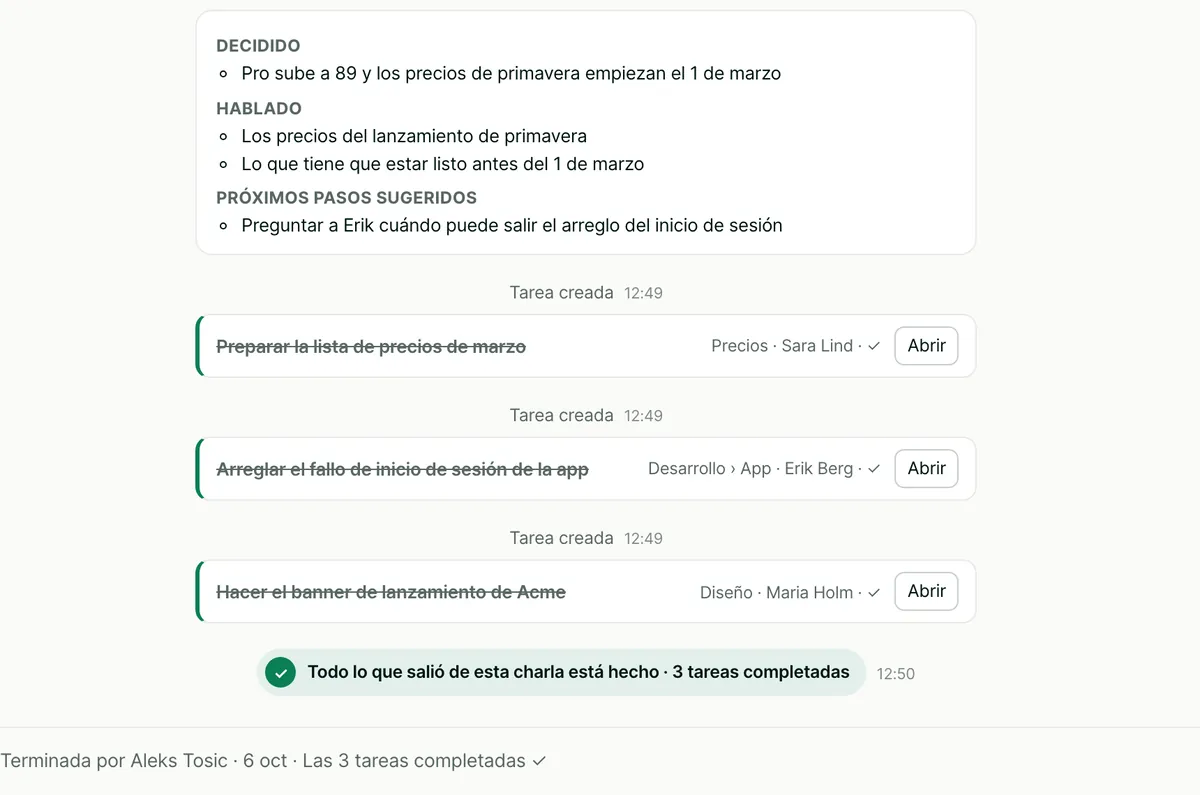 Una charla terminada con su resumen y tres tareas completadas. Un sello verde dice Todo lo que salió de esta charla está hecho, 3 tareas completadas.