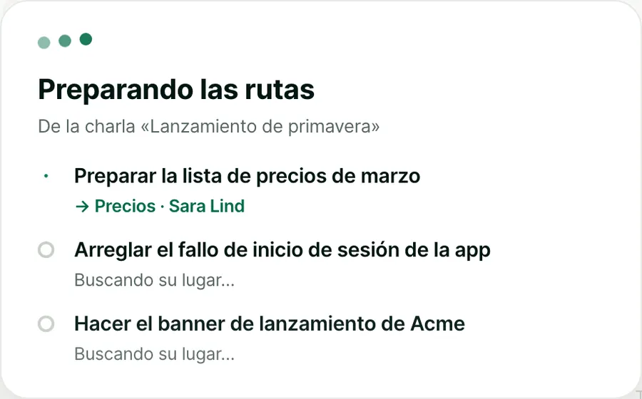 Preparando las rutas. Preparar la lista de precios de marzo va a Precios, con Sara Lind. Otras dos tareas están buscando su sitio.
