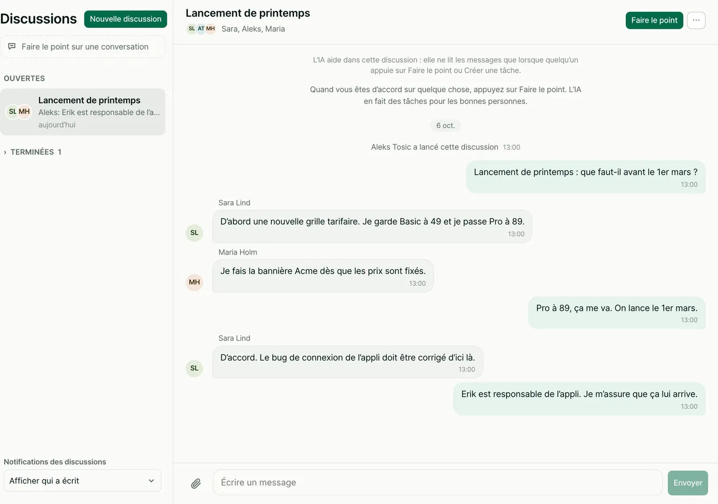 Une discussion intitulée Lancement de printemps. Sara, Aleks et Maria s’accordent sur de nouveaux prix et une date de lancement.