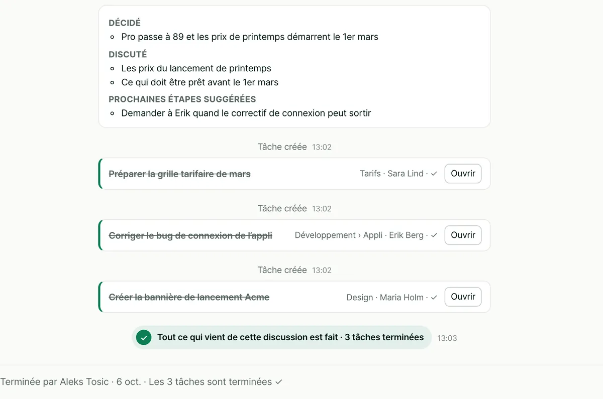 Une discussion terminée, avec son résumé et trois tâches faites. Un sceau vert indique&nbsp;: Tout ce qui vient de cette discussion est fait, 3 tâches terminées.