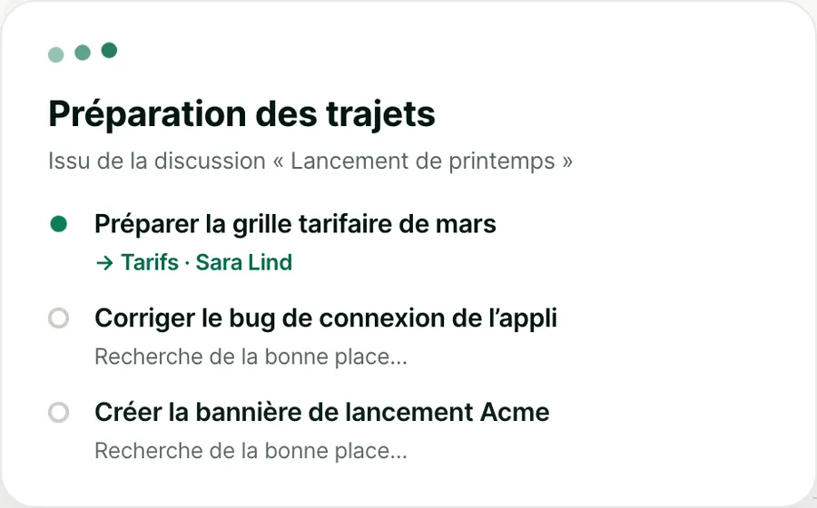 Préparation des trajets. Rédiger la grille tarifaire de mars va à Tarifs, chez Sara Lind. Deux autres tâches cherchent leur place.