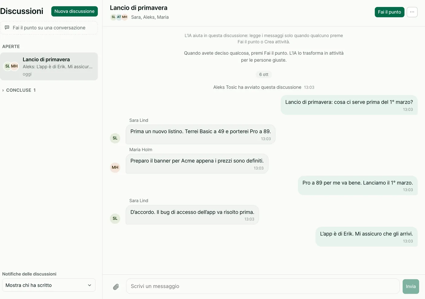 Una discussione intitolata Lancio di primavera. Sara, Aleks e Maria si accordano sui nuovi prezzi e su una data di lancio.