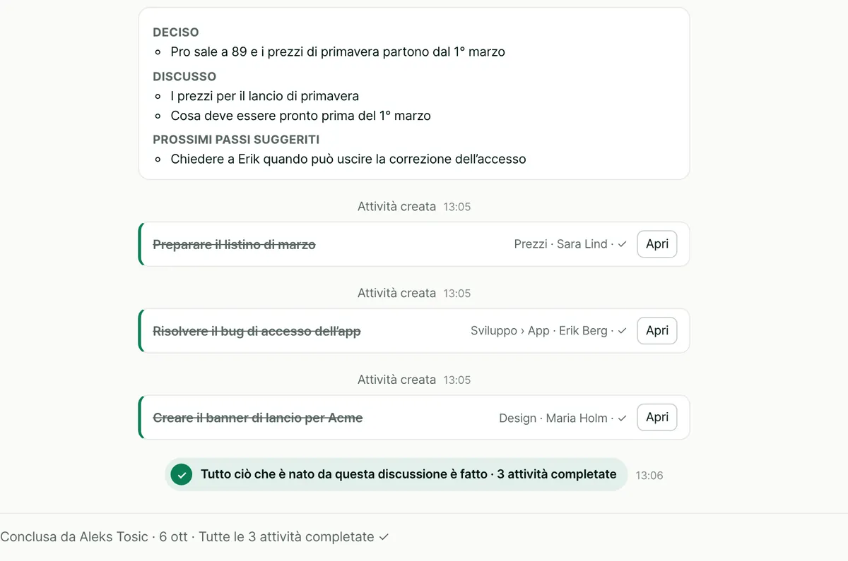 Una discussione conclusa con il suo riepilogo e tre attività completate. Un sigillo verde dice: Tutto ciò che è nato da questa discussione è fatto, 3 attività completate.