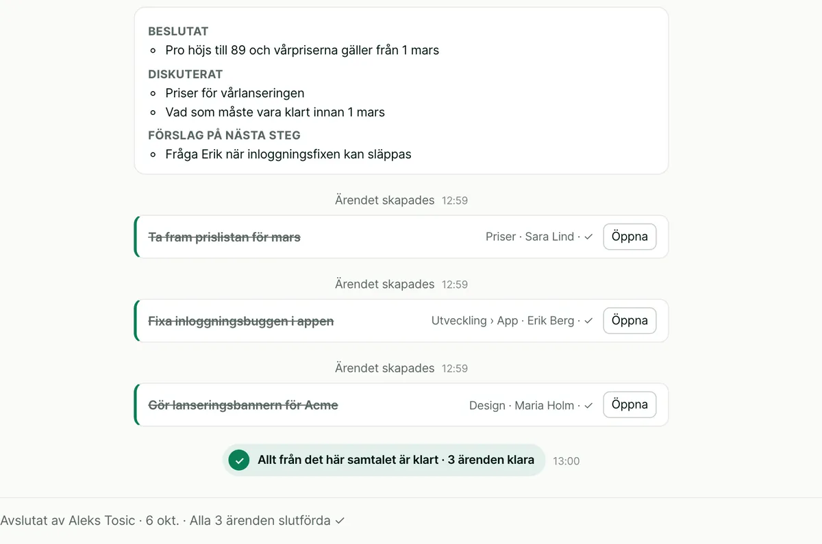 Ett avslutat samtal med sin summering och tre slutförda ärenden. En grön stämpel visar Allt från det här samtalet är klart, 3 ärenden klara.