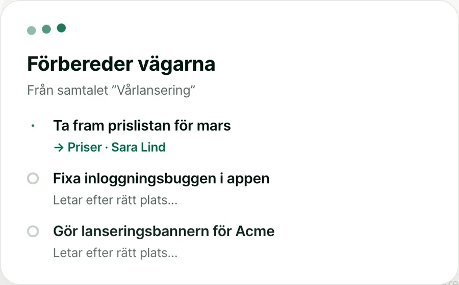 Förbereder vägarna. Ta fram prislistan för mars går till Priser, Sara Lind. Två ärenden till letar efter sin plats.